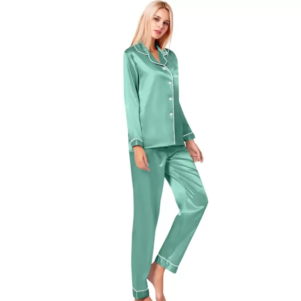 SWOMOG Womens Silk Satin Pajamas Set Long Sleeve Button Down Sleepwear 2 Piece Lounge Set Pj Set XS3XLSage