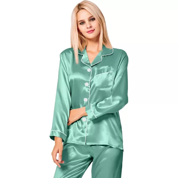 SWOMOG Womens Silk Satin Pajamas Set Long Sleeve Button Down Sleepwear 2 Piece Lounge Set Pj Set XS3XLSage