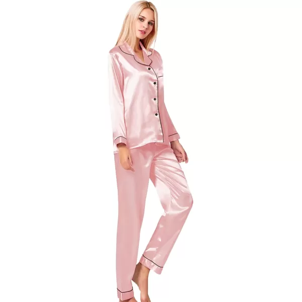 SWOMOG Womens Silk Satin Pajamas Set Long Sleeve Button Down Sleepwear 2 Piece Lounge Set Pj Set XS3XLSakura Pink