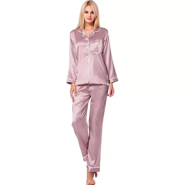 SWOMOG Womens Silk Satin Pajamas Set Long Sleeve Button Down Sleepwear 2 Piece Lounge Set Pj Set XS3XLShimmering Blush