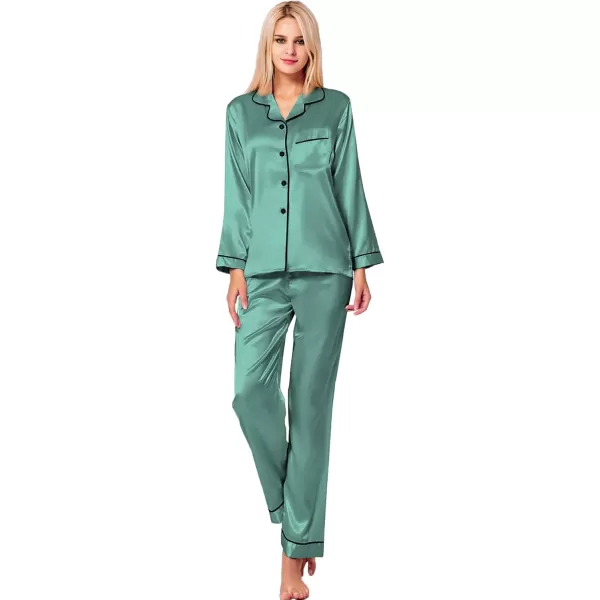 SWOMOG Womens Silk Satin Pajamas Set Long Sleeve Button Down Sleepwear 2 Piece Lounge Set Pj Set XS3XLSmog Green