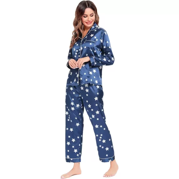 SWOMOG Womens Silk Satin Pajamas Set Long Sleeve Button Down Sleepwear 2 Piece Lounge Set Pj Set XS3XLStar Navy Blue