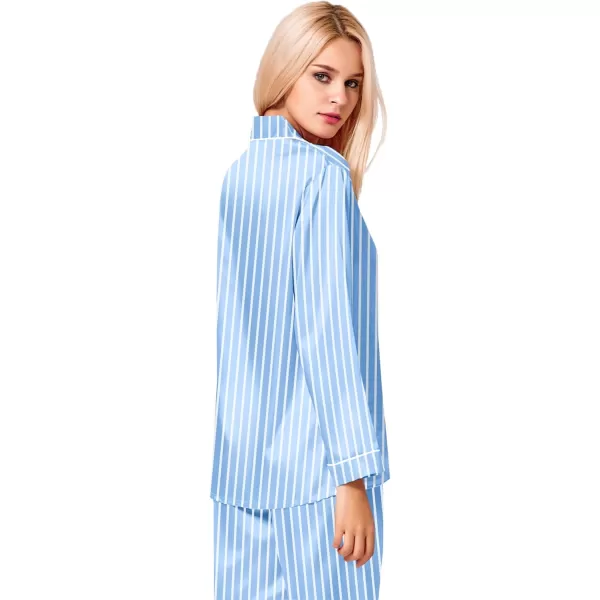 SWOMOG Womens Silk Satin Pajamas Set Long Sleeve Button Down Sleepwear 2 Piece Lounge Set Pj Set XS3XLStriped Blue