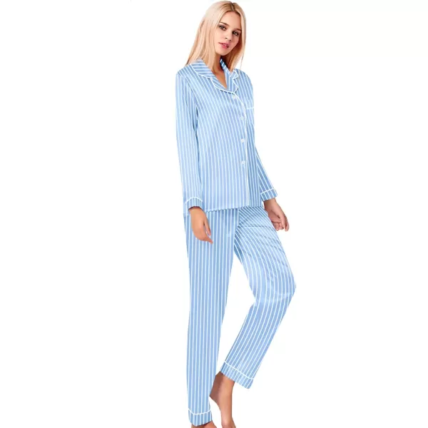 SWOMOG Womens Silk Satin Pajamas Set Long Sleeve Button Down Sleepwear 2 Piece Lounge Set Pj Set XS3XLStriped Blue