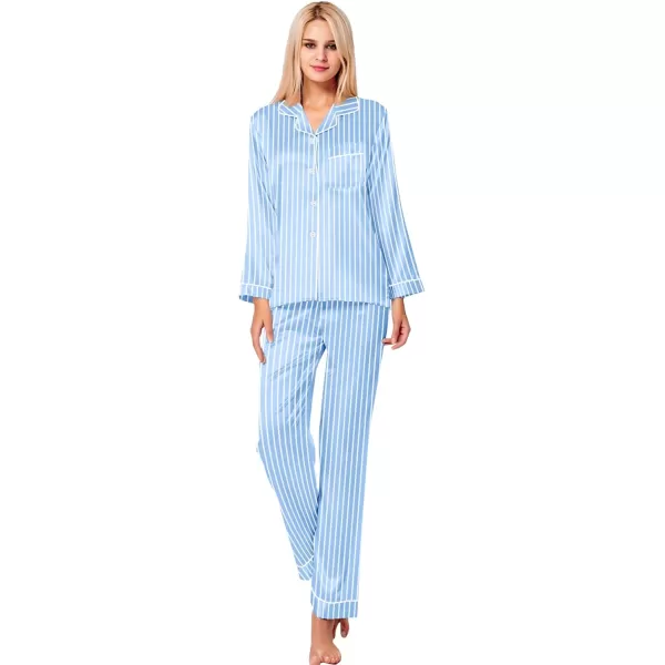 SWOMOG Womens Silk Satin Pajamas Set Long Sleeve Button Down Sleepwear 2 Piece Lounge Set Pj Set XS3XLStriped Blue