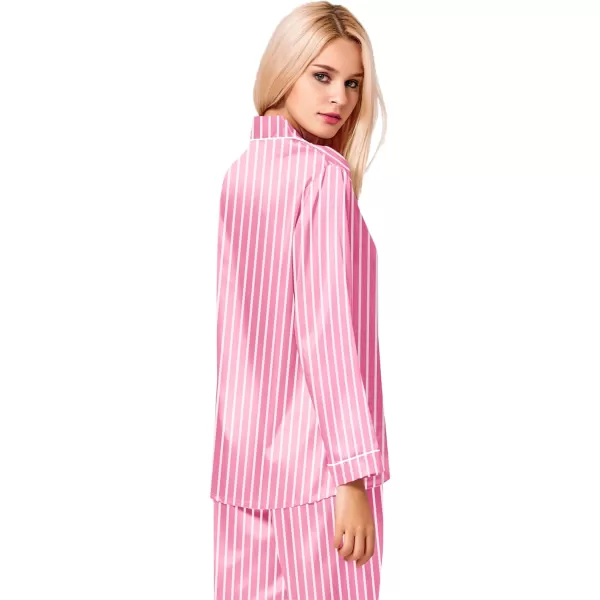 SWOMOG Womens Silk Satin Pajamas Set Long Sleeve Button Down Sleepwear 2 Piece Lounge Set Pj Set XS3XLStriped Pink