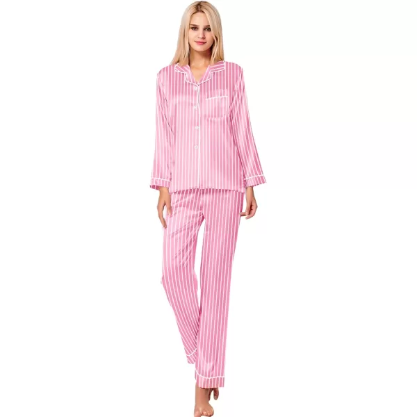 SWOMOG Womens Silk Satin Pajamas Set Long Sleeve Button Down Sleepwear 2 Piece Lounge Set Pj Set XS3XLStriped Pink