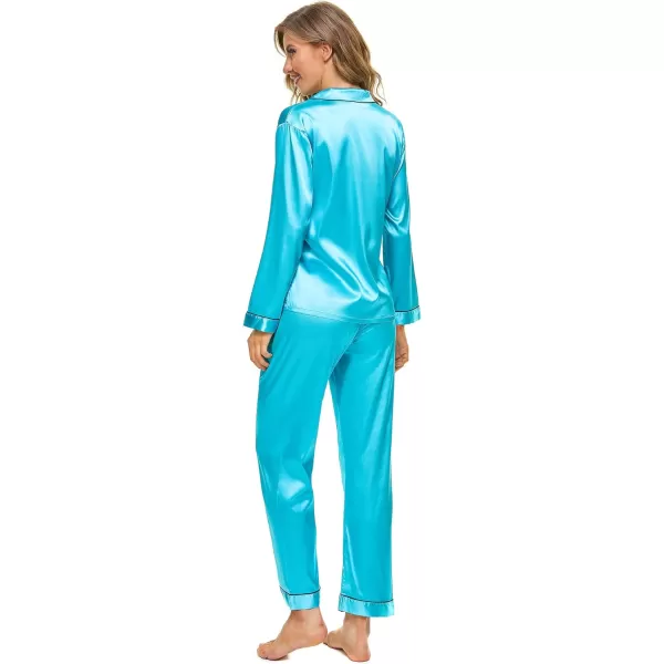 SWOMOG Womens Silk Satin Pajamas Set Long Sleeve Button Down Sleepwear 2 Piece Lounge Set Pj Set XS3XLTf Blue