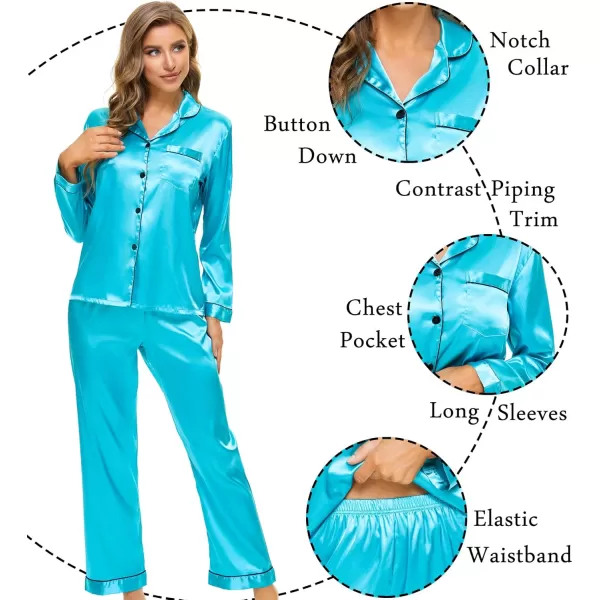 SWOMOG Womens Silk Satin Pajamas Set Long Sleeve Button Down Sleepwear 2 Piece Lounge Set Pj Set XS3XLTf Blue