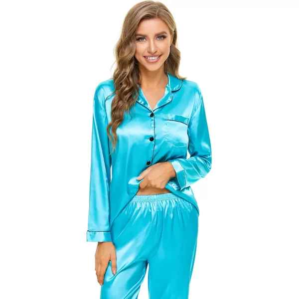 SWOMOG Womens Silk Satin Pajamas Set Long Sleeve Button Down Sleepwear 2 Piece Lounge Set Pj Set XS3XLTf Blue