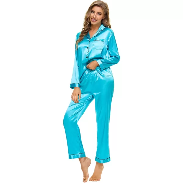 SWOMOG Womens Silk Satin Pajamas Set Long Sleeve Button Down Sleepwear 2 Piece Lounge Set Pj Set XS3XLTf Blue