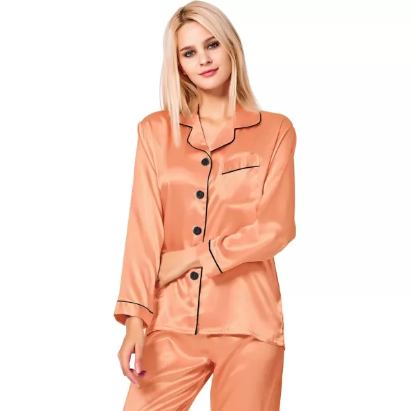 SWOMOG Womens Silk Satin Pajamas Set Long Sleeve Button Down Sleepwear 2 Piece Lounge Set Pj Set XS3XLVivid Tangerine