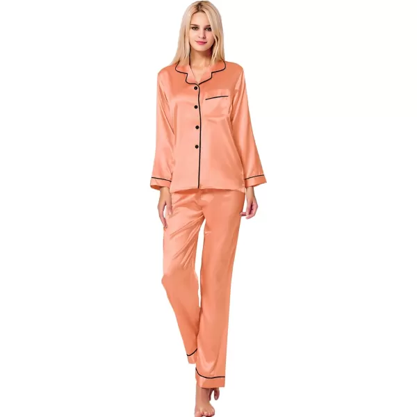 SWOMOG Womens Silk Satin Pajamas Set Long Sleeve Button Down Sleepwear 2 Piece Lounge Set Pj Set XS3XLVivid Tangerine