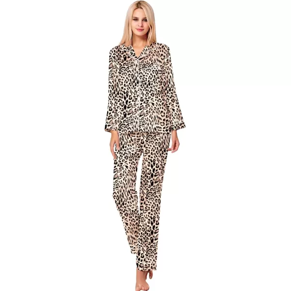 SWOMOG Womens Silk Satin Pajamas Set Long Sleeve Button Down Sleepwear 2 Piece Lounge Set Pj Set XS3XLWavy Leopard