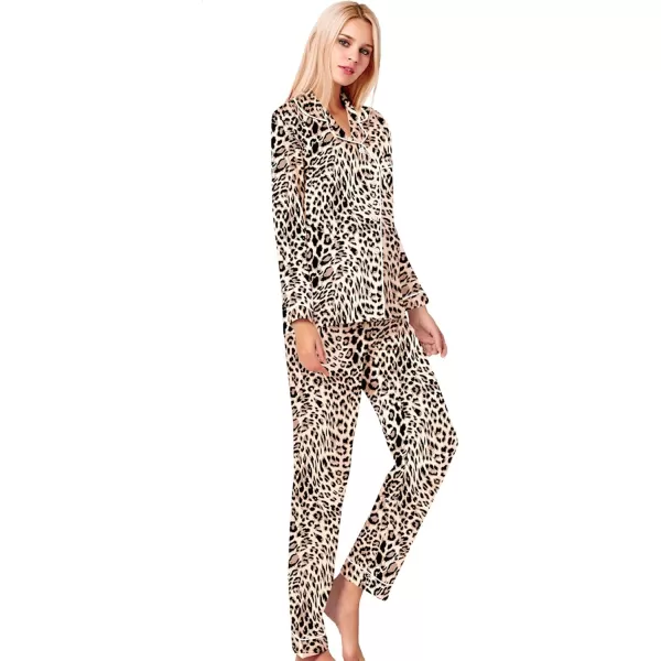 SWOMOG Womens Silk Satin Pajamas Set Long Sleeve Button Down Sleepwear 2 Piece Lounge Set Pj Set XS3XLWavy Leopard