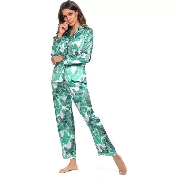 SWOMOG Womens Silk Satin Pajamas Set Long Sleeve Button Down Sleepwear 2 Piece Lounge Set Pj Set XS3XLWhite Leaves