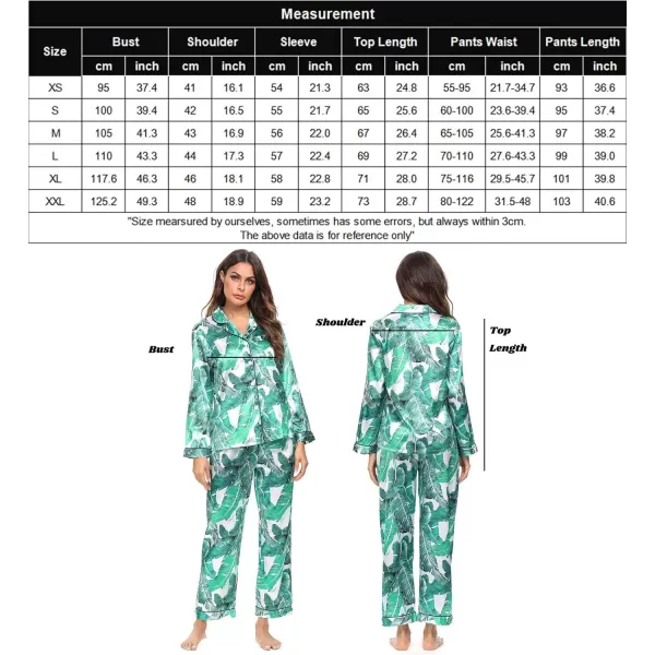 SWOMOG Womens Silk Satin Pajamas Set Long Sleeve Button Down Sleepwear 2 Piece Lounge Set Pj Set XS3XLWhite Leaves