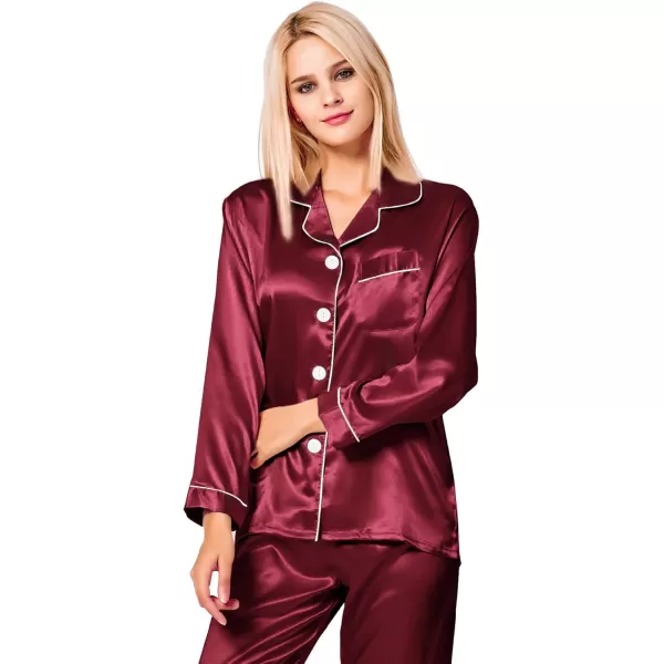 SWOMOG Womens Silk Satin Pajamas Set Long Sleeve Button Down Sleepwear 2 Piece Lounge Set Pj Set XS3XLWine Red