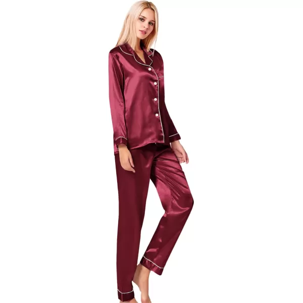 SWOMOG Womens Silk Satin Pajamas Set Long Sleeve Button Down Sleepwear 2 Piece Lounge Set Pj Set XS3XLWine Red