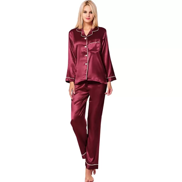 SWOMOG Womens Silk Satin Pajamas Set Long Sleeve Button Down Sleepwear 2 Piece Lounge Set Pj Set XS3XLWine Red