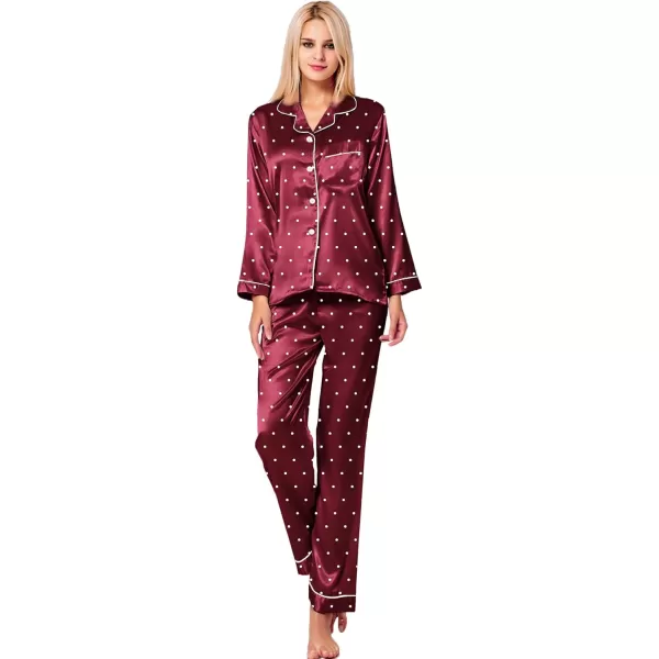 SWOMOG Womens Silk Satin Pajamas Set Long Sleeve Button Down Sleepwear 2 Piece Lounge Set Pj Set XS3XLWine Red Dots