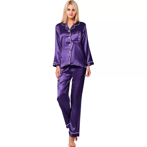 SWOMOG Womens Silk Satin Pajamas Set Long Sleeve Button Down Sleepwear 2 Piece Lounge Set Pj Set XS3XLWineberry