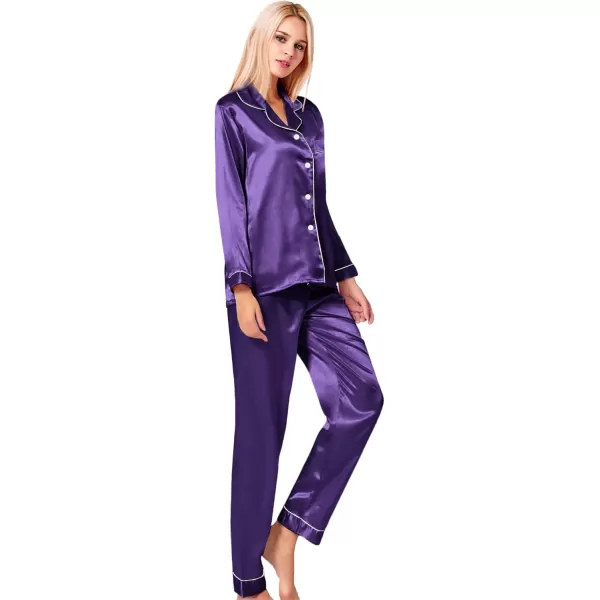 SWOMOG Womens Silk Satin Pajamas Set Long Sleeve Button Down Sleepwear 2 Piece Lounge Set Pj Set XS3XLWineberry