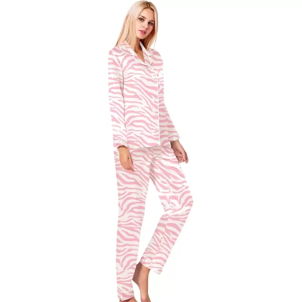 SWOMOG Womens Silk Satin Pajamas Set Long Sleeve Button Down Sleepwear 2 Piece Lounge Set Pj Set XS3XLZebra Pattern