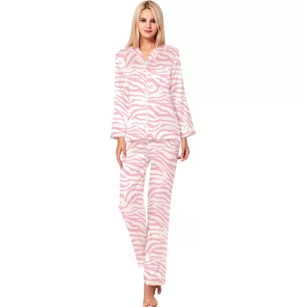 SWOMOG Womens Silk Satin Pajamas Set Long Sleeve Button Down Sleepwear 2 Piece Lounge Set Pj Set XS3XLZebra Pattern