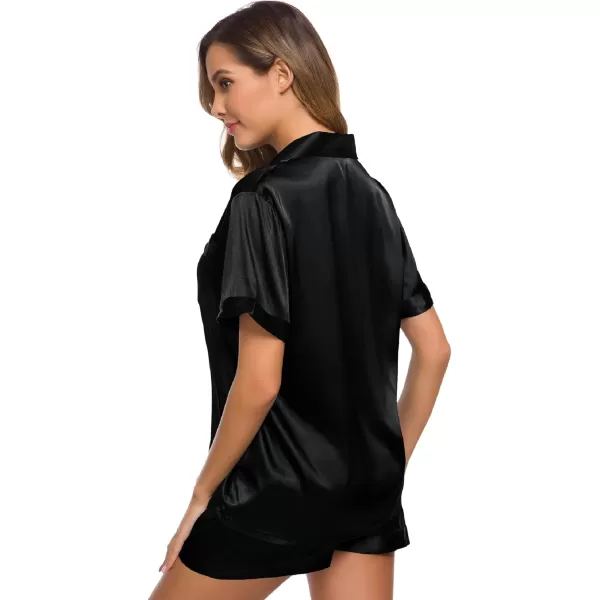SWOMOG Womens Silk Satin Pajamas Set Short Sleeve Button Down Sleepwear Loungewear 2 Piece Pj SetsBlack