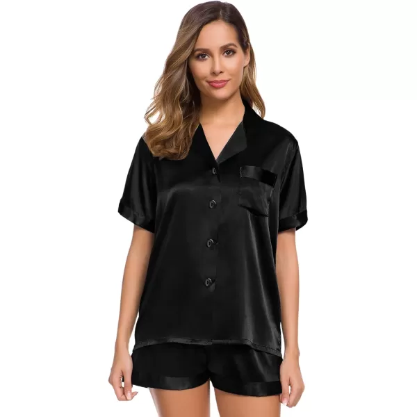 SWOMOG Womens Silk Satin Pajamas Set Short Sleeve Button Down Sleepwear Loungewear 2 Piece Pj SetsBlack