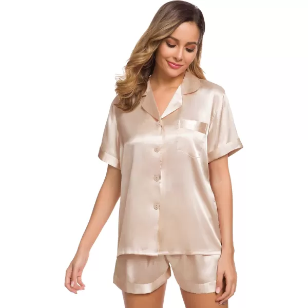 SWOMOG Womens Silk Satin Pajamas Set Short Sleeve Button Down Sleepwear Loungewear 2 Piece Pj SetsChampagne