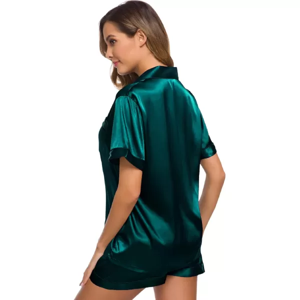 SWOMOG Womens Silk Satin Pajamas Set Short Sleeve Button Down Sleepwear Loungewear 2 Piece Pj SetsDeep Green