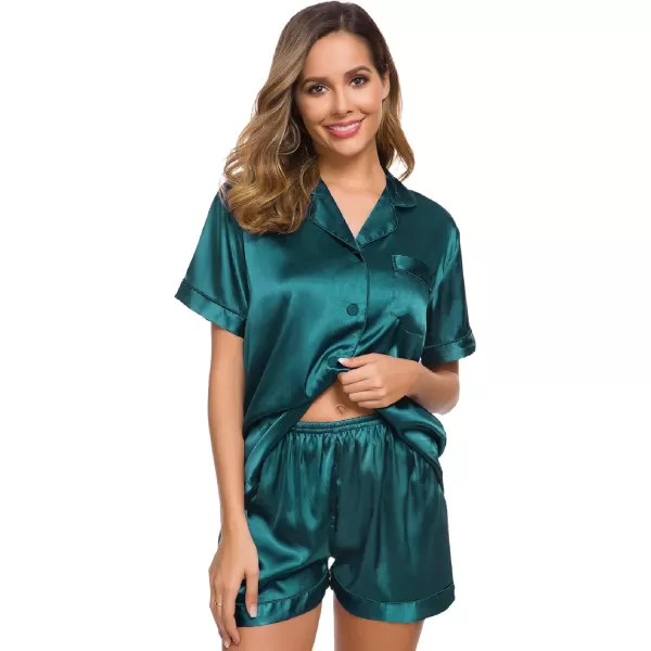 SWOMOG Womens Silk Satin Pajamas Set Short Sleeve Button Down Sleepwear Loungewear 2 Piece Pj SetsGreen