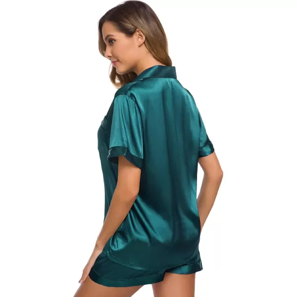 SWOMOG Womens Silk Satin Pajamas Set Short Sleeve Button Down Sleepwear Loungewear 2 Piece Pj SetsGreen