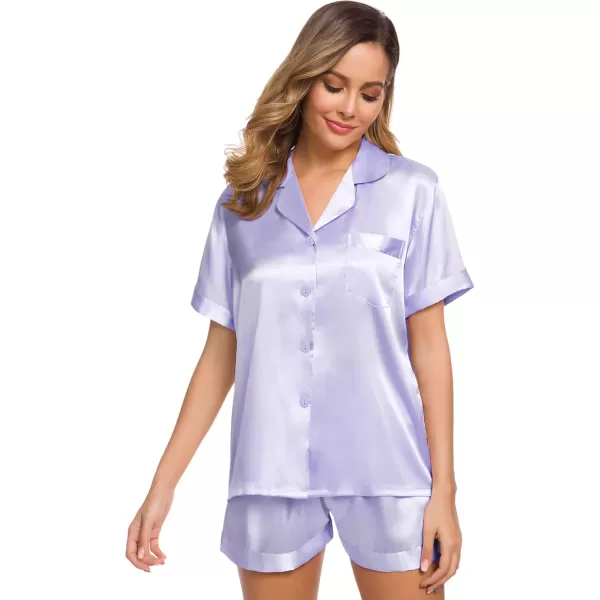 SWOMOG Womens Silk Satin Pajamas Set Short Sleeve Button Down Sleepwear Loungewear 2 Piece Pj SetsLavender