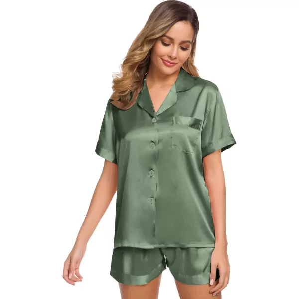 SWOMOG Womens Silk Satin Pajamas Set Short Sleeve Button Down Sleepwear Loungewear 2 Piece Pj SetsMatcha