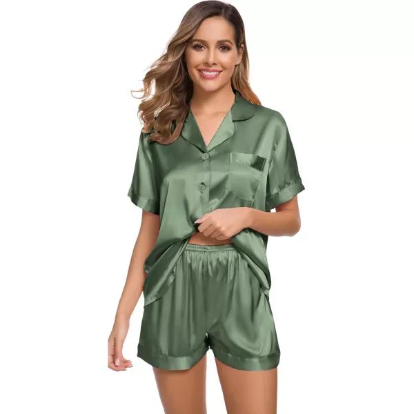 SWOMOG Womens Silk Satin Pajamas Set Short Sleeve Button Down Sleepwear Loungewear 2 Piece Pj SetsMatcha