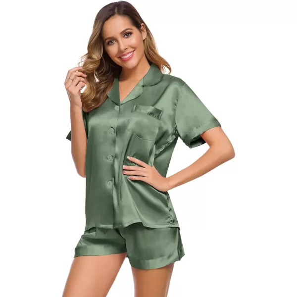 SWOMOG Womens Silk Satin Pajamas Set Short Sleeve Button Down Sleepwear Loungewear 2 Piece Pj SetsMatcha