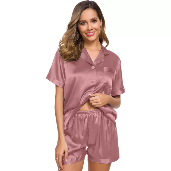 SWOMOG Womens Silk Satin Pajamas Set Short Sleeve Button Down Sleepwear Loungewear 2 Piece Pj SetsMisty Rose