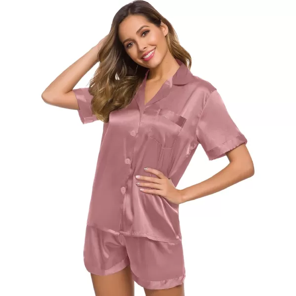 SWOMOG Womens Silk Satin Pajamas Set Short Sleeve Button Down Sleepwear Loungewear 2 Piece Pj SetsMisty Rose