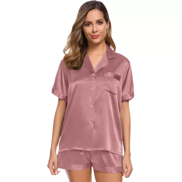 SWOMOG Womens Silk Satin Pajamas Set Short Sleeve Button Down Sleepwear Loungewear 2 Piece Pj SetsMisty Rose