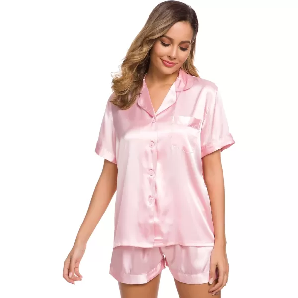 SWOMOG Womens Silk Satin Pajamas Set Short Sleeve Button Down Sleepwear Loungewear 2 Piece Pj SetsPink