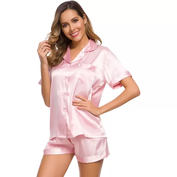 SWOMOG Womens Silk Satin Pajamas Set Short Sleeve Button Down Sleepwear Loungewear 2 Piece Pj SetsPink