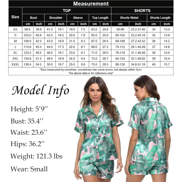 SWOMOG Womens Silk Satin Pajamas Set Short Sleeve Button Down Sleepwear Loungewear 2 Piece Pj SetsPink Leaves