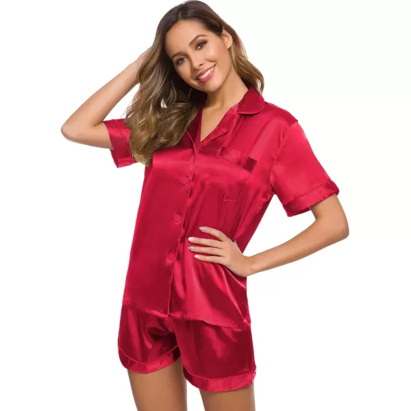 SWOMOG Womens Silk Satin Pajamas Set Short Sleeve Button Down Sleepwear Loungewear 2 Piece Pj SetsRed