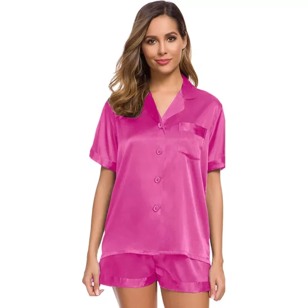 SWOMOG Womens Silk Satin Pajamas Set Short Sleeve Button Down Sleepwear Loungewear 2 Piece Pj SetsRose Red