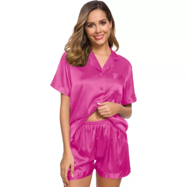 SWOMOG Womens Silk Satin Pajamas Set Short Sleeve Button Down Sleepwear Loungewear 2 Piece Pj SetsRose Red