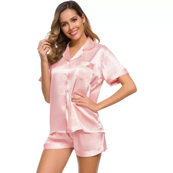 SWOMOG Womens Silk Satin Pajamas Set Short Sleeve Button Down Sleepwear Loungewear 2 Piece Pj SetsSakura Pink