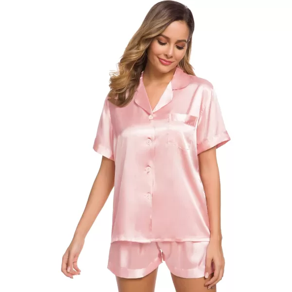 SWOMOG Womens Silk Satin Pajamas Set Short Sleeve Button Down Sleepwear Loungewear 2 Piece Pj SetsSakura Pink